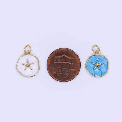 24K Gold Filled 15mm Enamel Floating Sea Starfish Charm in Blue & White | AF-527: Blue