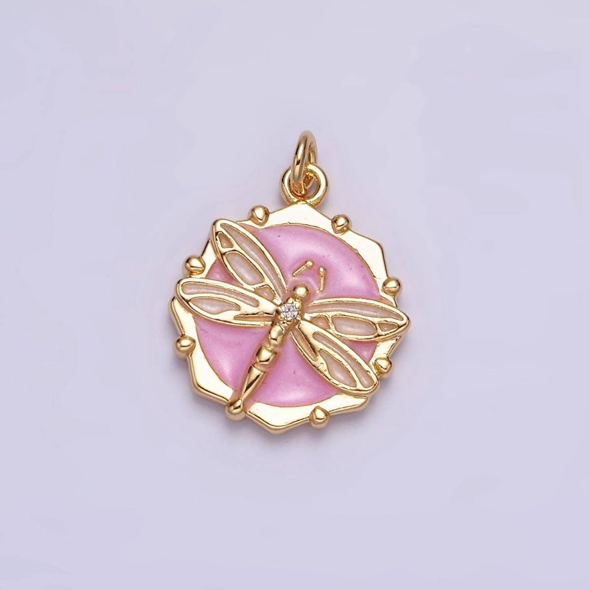 16K Gold Filled Dragonfly Insect White, Pink, Blue Sparkly Enamel Hexagonal Charm | AC1555 - AC1560: Silver / White