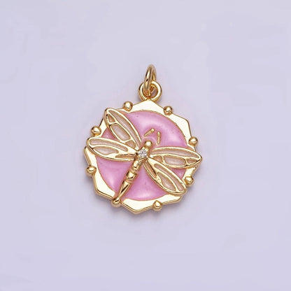 16K Gold Filled Dragonfly Insect White, Pink, Blue Sparkly Enamel Hexagonal Charm | AC1555 - AC1560: Silver / White