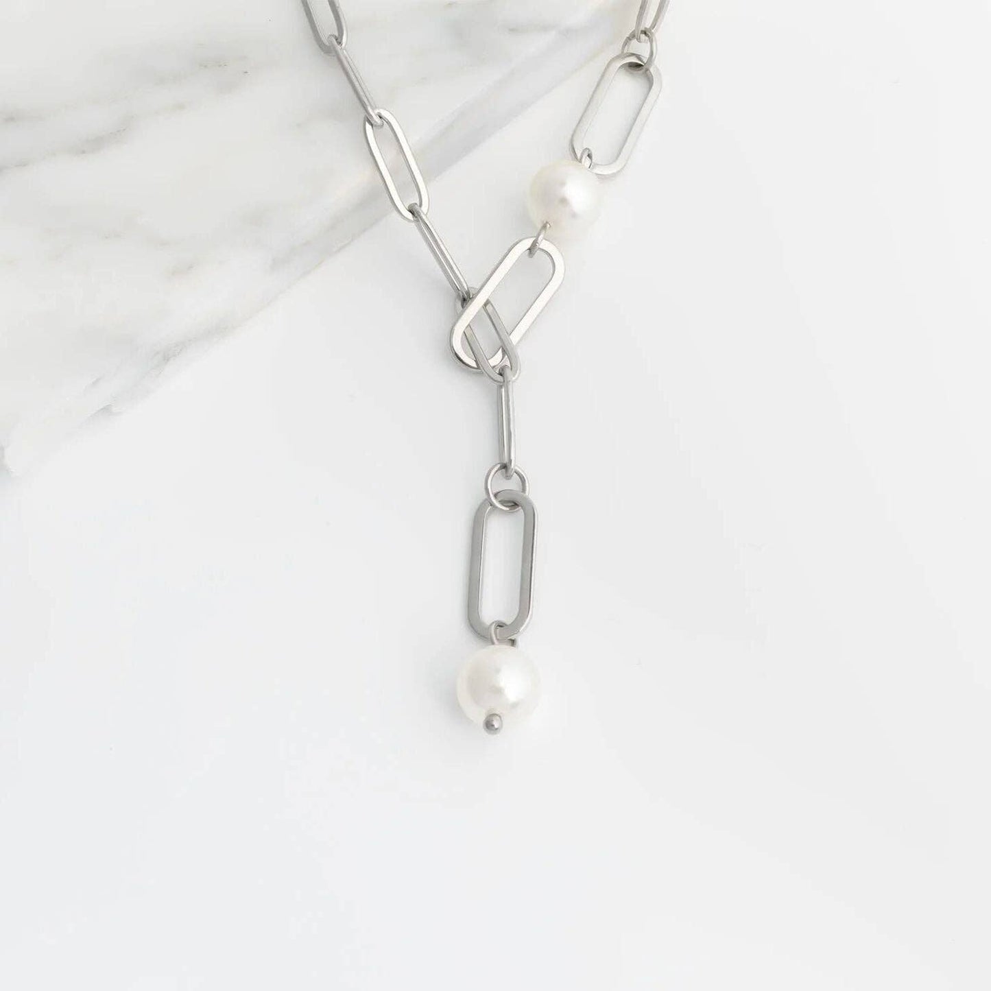 18K Gold PVD Stainless Steel Y Paperclip Necklace with Pearl: Gold