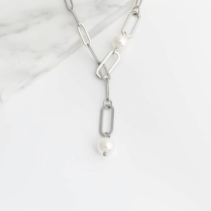 18K Gold PVD Stainless Steel Y Paperclip Necklace with Pearl: Gold