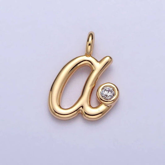 Gold Initial Alphabet Lower Case Cursive Letter Clear CZ Personalized Charm | A-507-A-519: Letter A