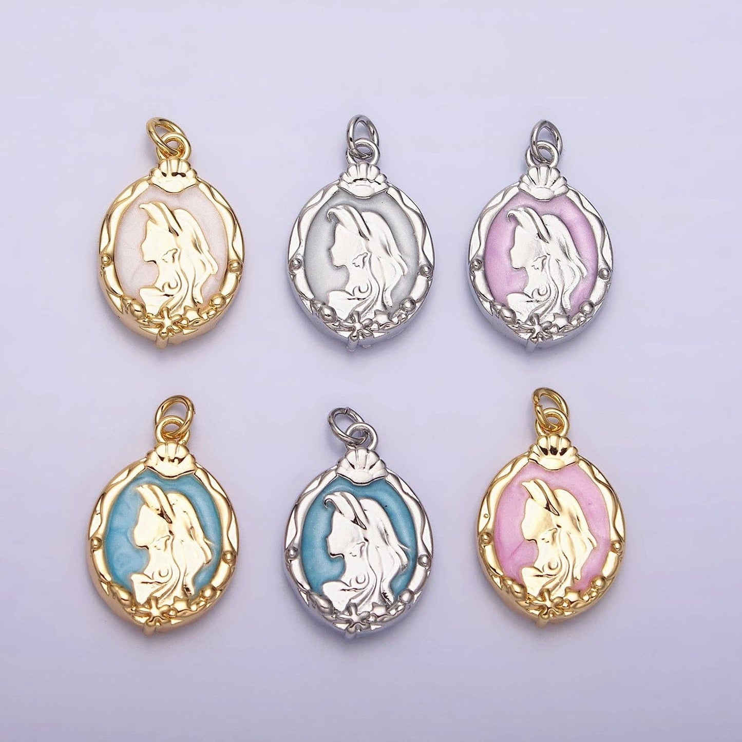 16K Gold Filled Double Sided Princess Mermaid  White, Pink, Blue Sparkly Enamel Charm in Gold & Silver | AC1087 - AC1092: Gold / White