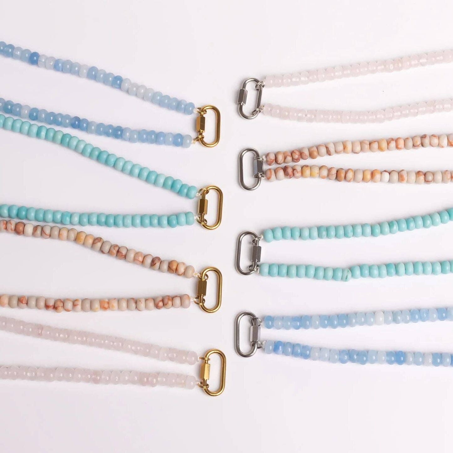 Stainless Steel Turquoise Chunky Bead Carabiner Necklace: Gold