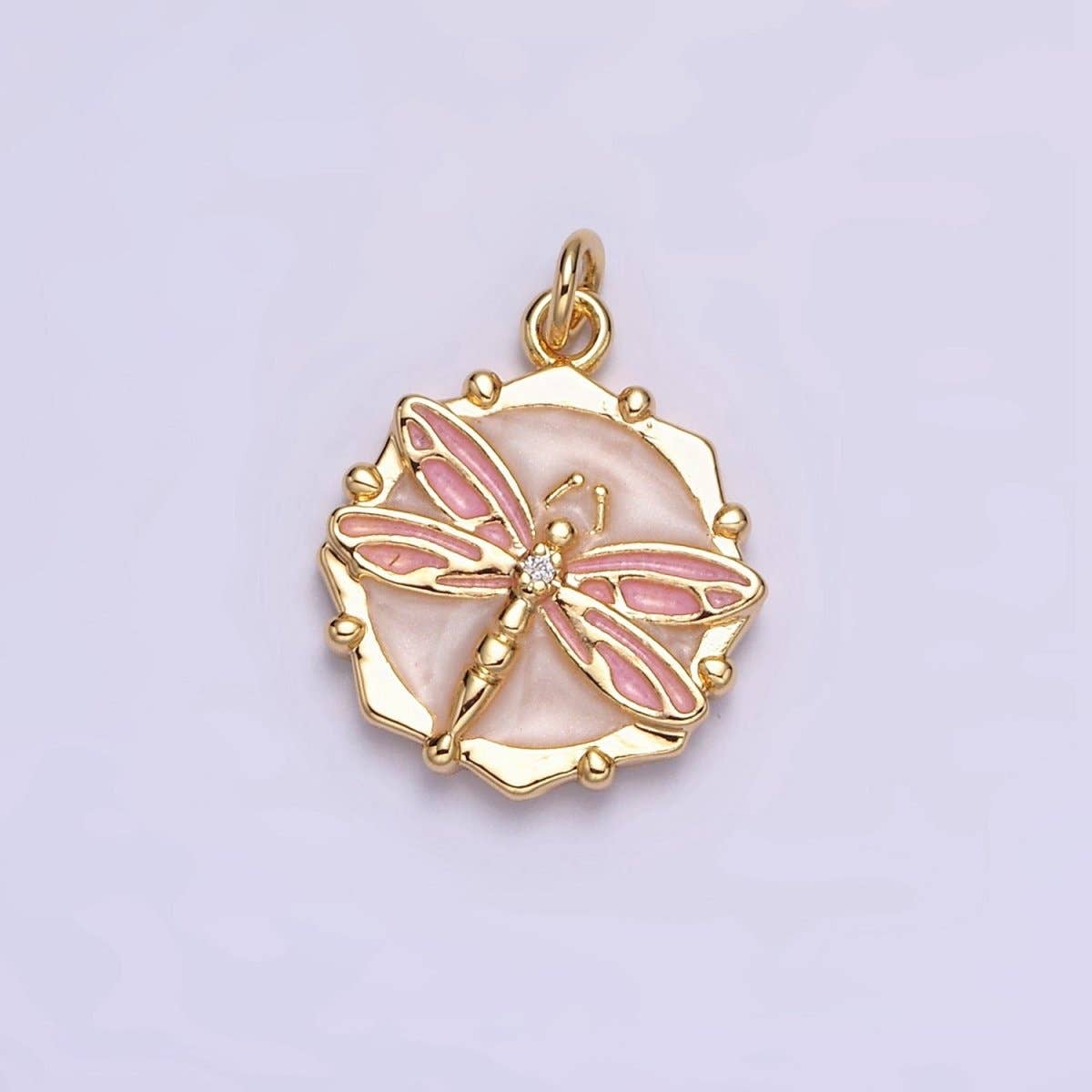 16K Gold Filled Dragonfly Insect White, Pink, Blue Sparkly Enamel Hexagonal Charm | AC1555 - AC1560: Silver / White