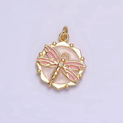 16K Gold Filled Dragonfly Insect White, Pink, Blue Sparkly Enamel Hexagonal Charm | AC1555 - AC1560: Silver / White