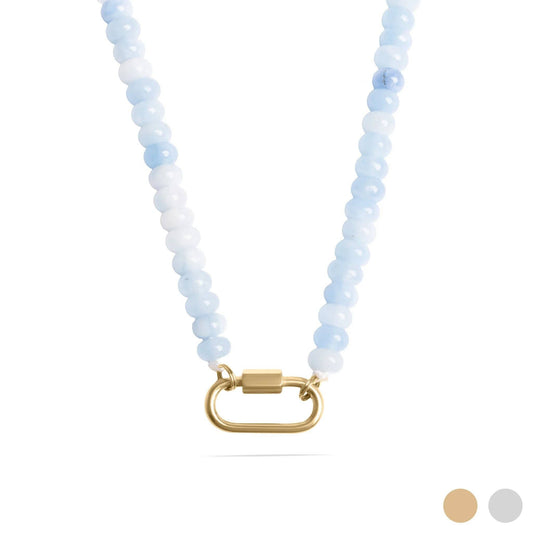 Stainless Steel  Blue Chunky Glass Bead Carabiner Necklace: Gold