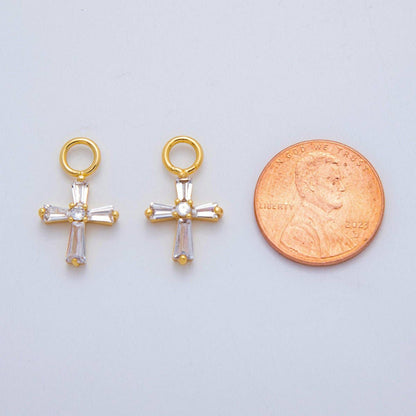 18K Gold Filled Baguette CZ Religious Cross Add-On Drop Earring Charm | AF764