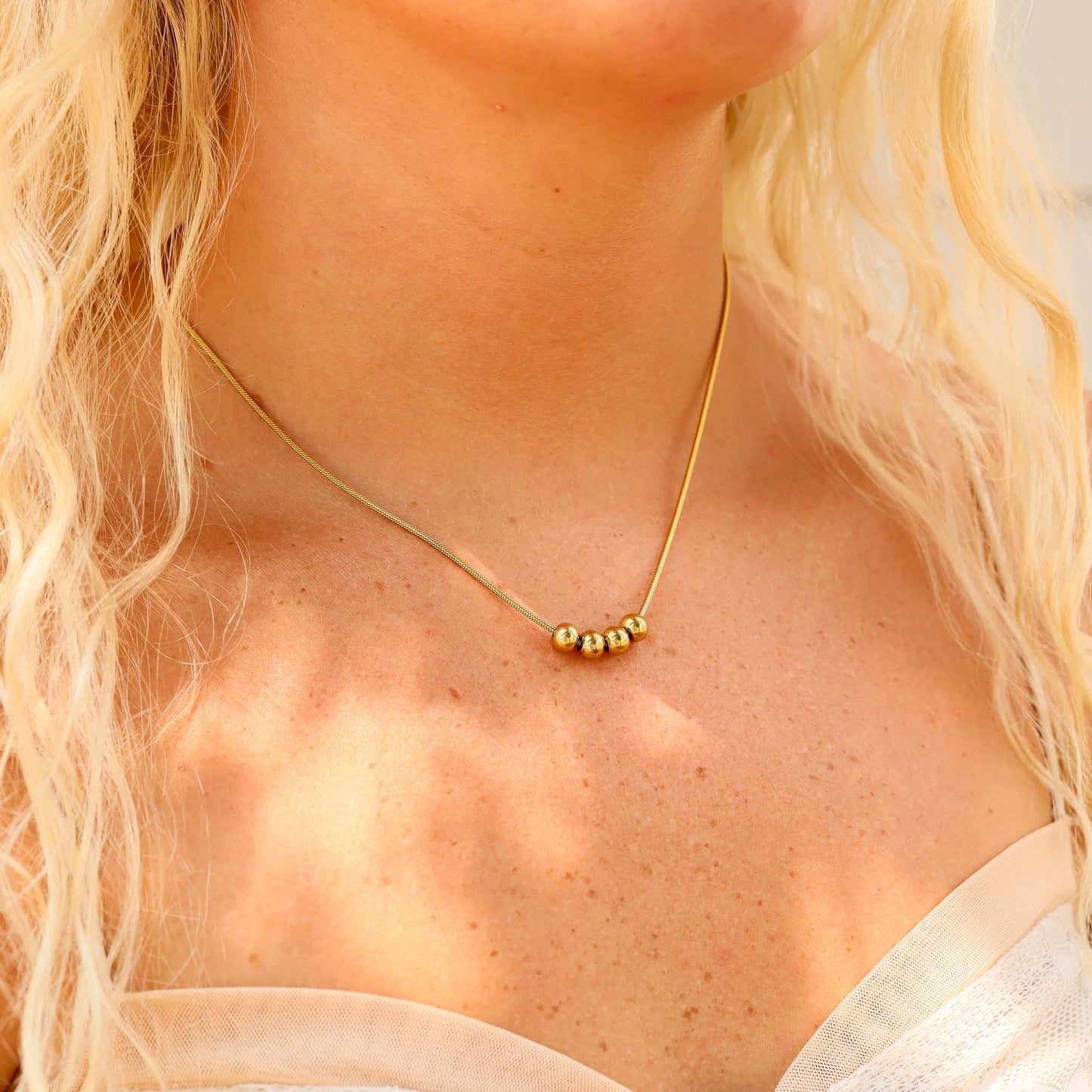 18K Gold PVD Stainless Steel Adjustable Ball Charm Necklace: Stainless