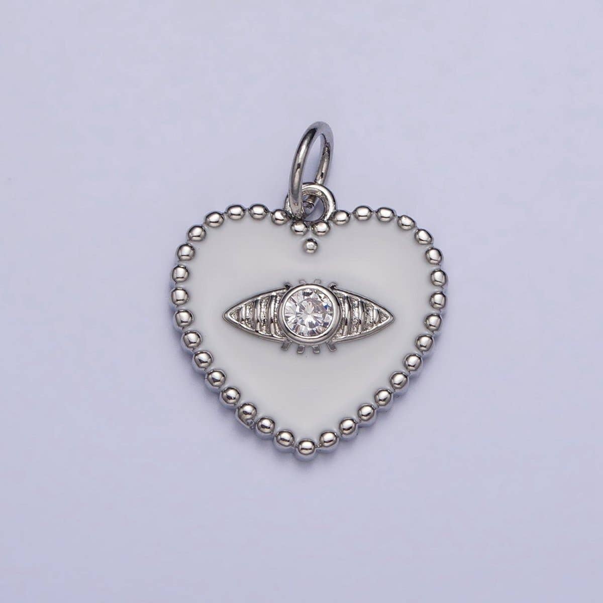 Gold, Silver Evil Eye Clear CZ White Enamel Beaded Heart Charm | AC999 AC1000: Silver