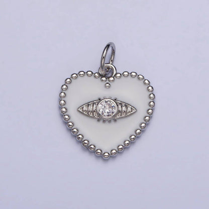 Gold, Silver Evil Eye Clear CZ White Enamel Beaded Heart Charm | AC999 AC1000: Silver