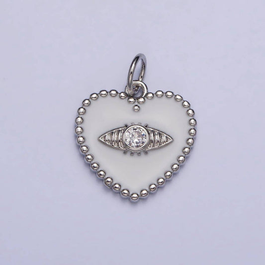 Gold, Silver Evil Eye Clear CZ White Enamel Beaded Heart Charm | AC999 AC1000: Silver