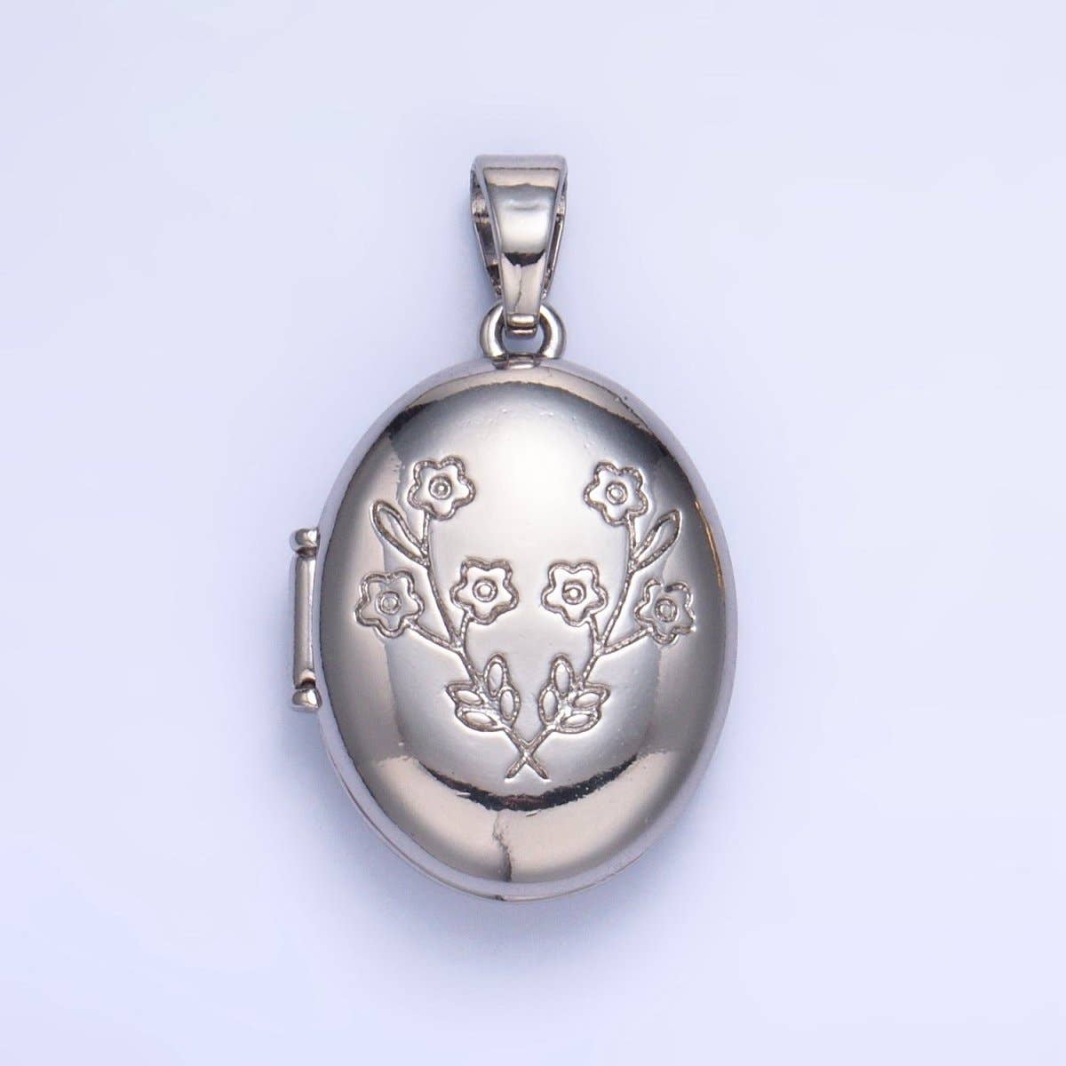 24K Gold Filled Dual Flower Engraved Oval Locket Pendant in Gold & Silver | AA1007: Silver