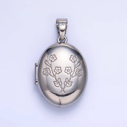 24K Gold Filled Dual Flower Engraved Oval Locket Pendant in Gold & Silver | AA1007: Silver
