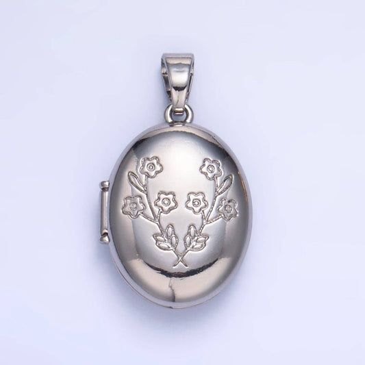 24K Gold Filled Dual Flower Engraved Oval Locket Pendant in Gold & Silver | AA1007: Silver