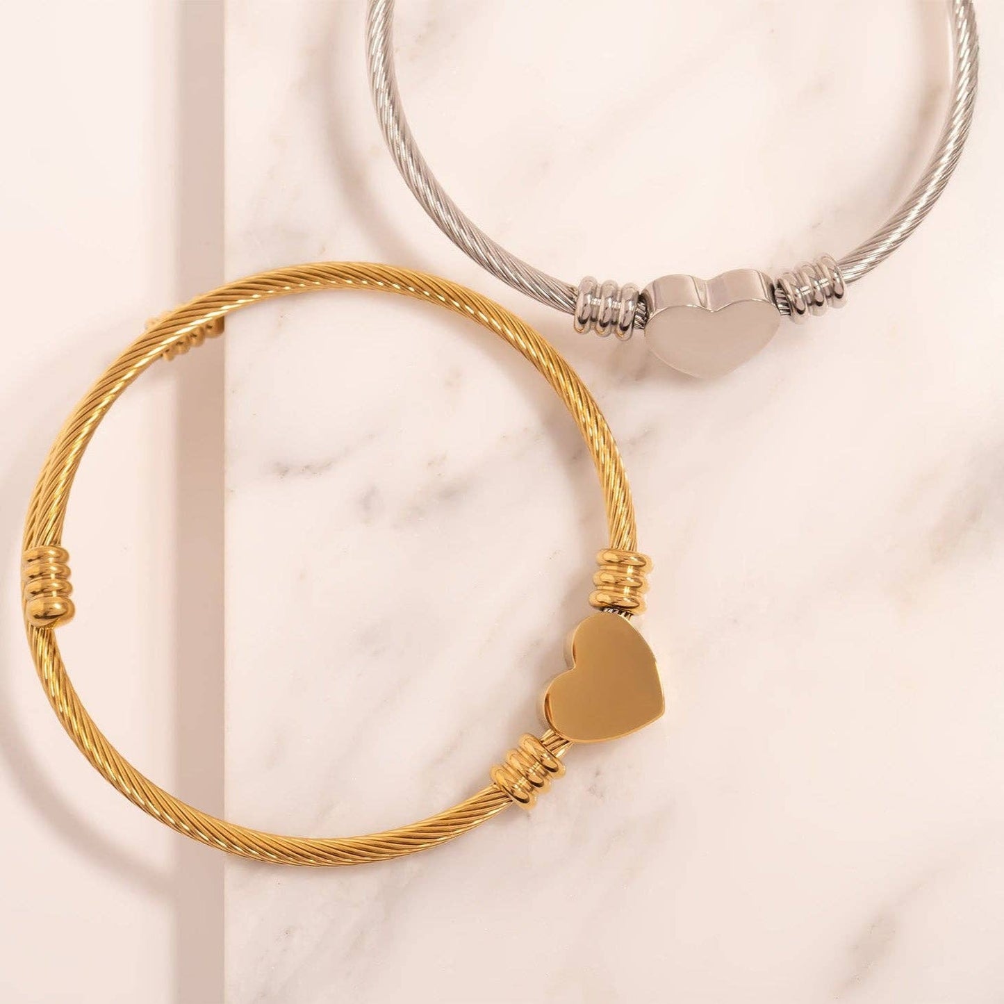 18K Gold PVD Stainless Steel Engravable Heart Cuff Bracelet: Gold