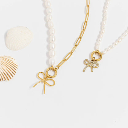 Freshwater Pearl Paperclip Split Chain Charm Holder Necklace: Stainless