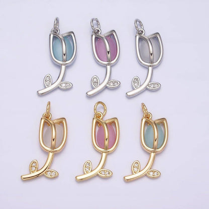 16K Gold Filled Flower Tulip Rose White, Blue, Pink Cat Eye Cabochon Charm in Gold & Silver | AC1073 - AC1078: Blue / Silver