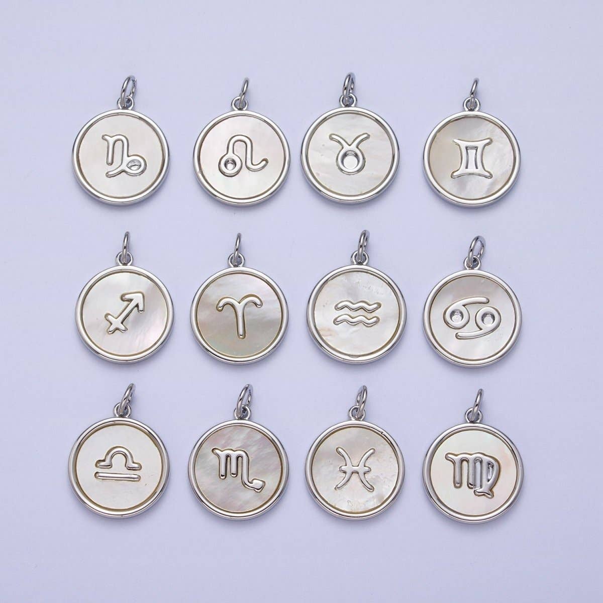 White Gold Filled Zodiac Signs Shell Pearl Round Coin Astrology Horoscope Silver Charm | A-A1731-A-A1736: Pisces