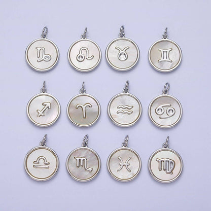 White Gold Filled Zodiac Signs Shell Pearl Round Coin Astrology Horoscope Silver Charm | A-A1731-A-A1736: Leo