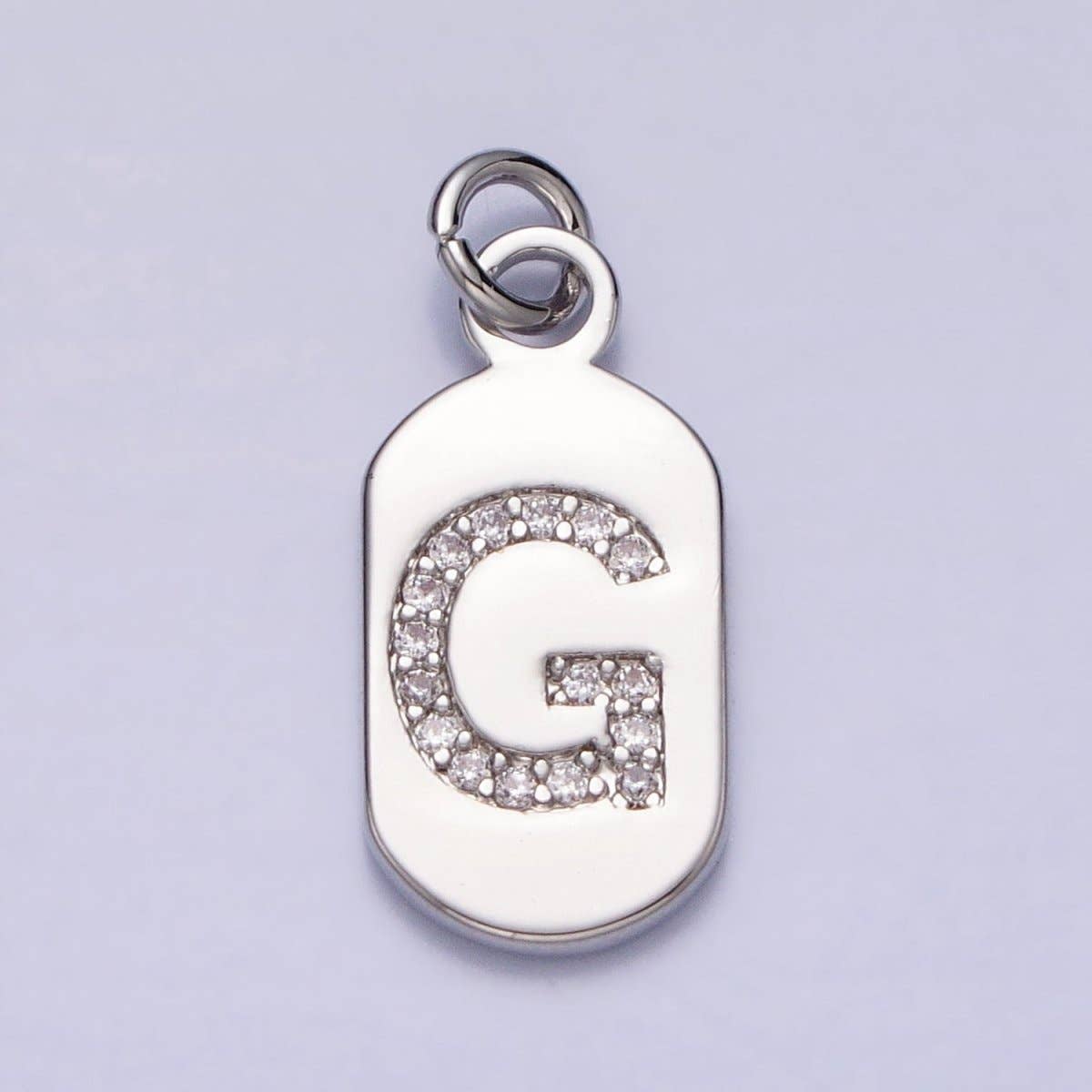 Silver Rectangular Tag CZ Clear Micro Paved Personalized Initial Alphabet Name Tag Charm | A-A1887-A-A1899: ALL INITIAL