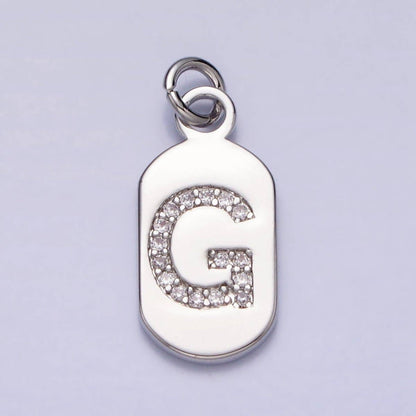 Silver Rectangular Tag CZ Clear Micro Paved Personalized Initial Alphabet Name Tag Charm | A-A1887-A-A1899: ALL INITIAL