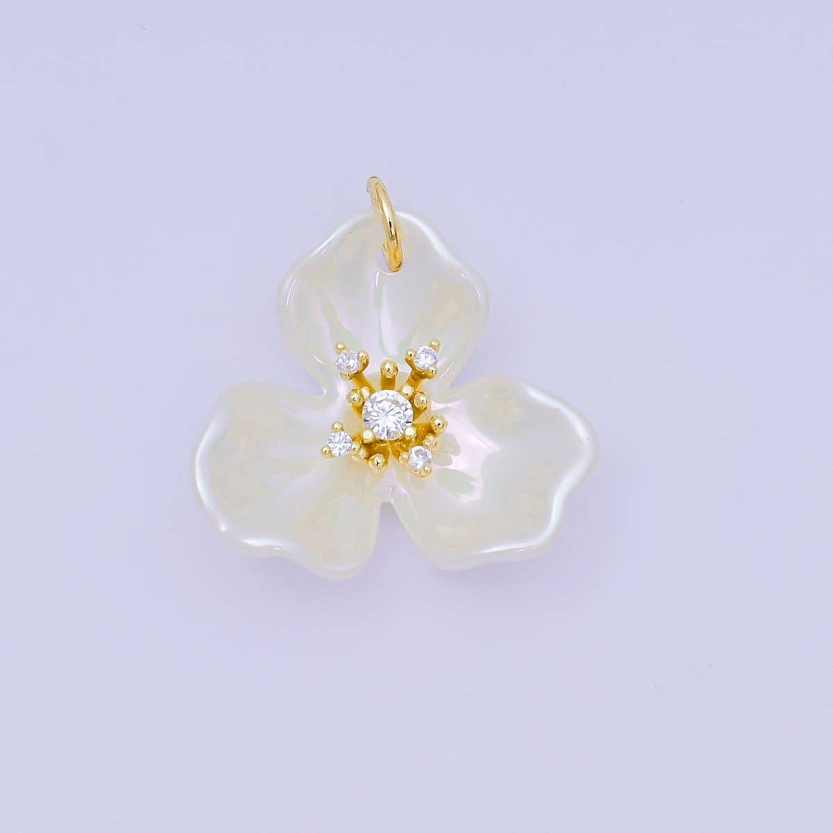 24K Gold Filled 22mm Round CZ Acrylic Art White Orchid Bloom Flower Charm | N-151