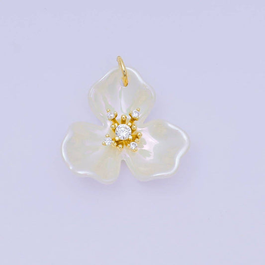 24K Gold Filled 22mm Round CZ Acrylic Art White Orchid Bloom Flower Charm | N-151