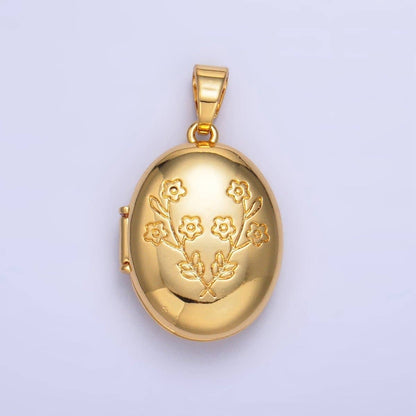 24K Gold Filled Dual Flower Engraved Oval Locket Pendant in Gold & Silver | AA1007: Silver