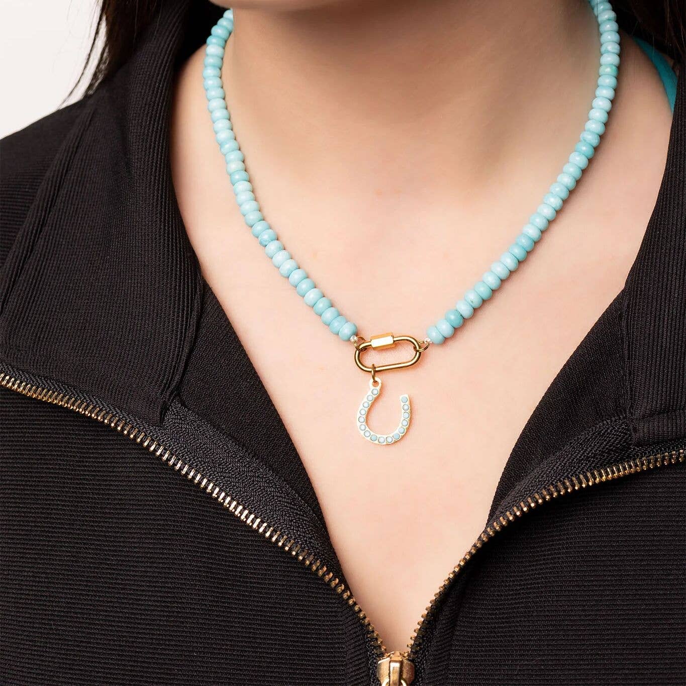 Stainless Steel Turquoise Chunky Bead Carabiner Necklace: Stainless