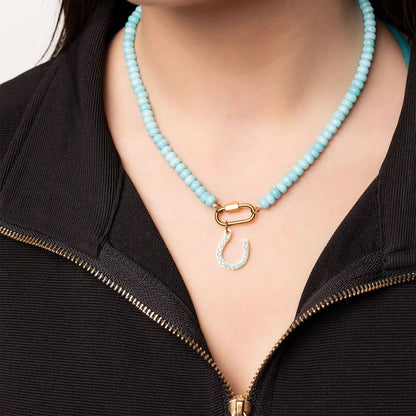 Stainless Steel Turquoise Chunky Bead Carabiner Necklace: Stainless