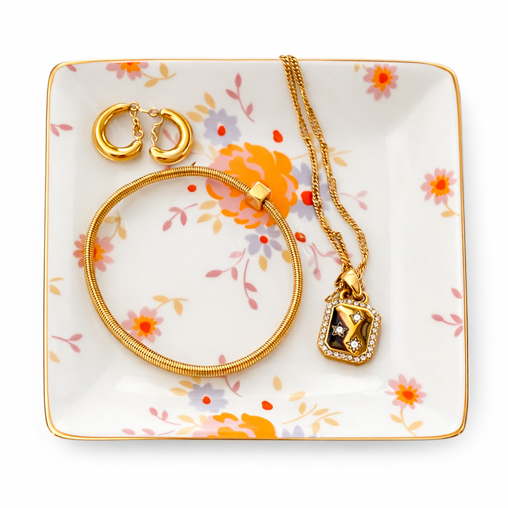 Ceramic Jewelry Trinket Tray with Gold Rim – 4” Square Catchall Dish: Pink Dreams