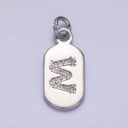 Silver Rectangular Tag CZ Clear Micro Paved Personalized Initial Alphabet Name Tag Charm | A-A1887-A-A1899: ALL INITIAL