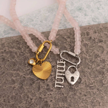 Stainless Steel Pink Chunky Glass Bead Carabiner Necklace: Gold