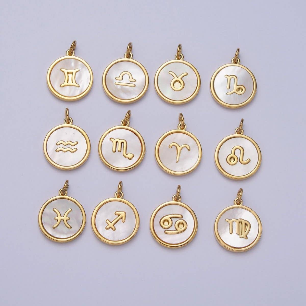 24K Gold Filled Zodiac Signs Shell Pearl Round Coin Charm Astrology Jewelry Making | A-A1367-A-A1372: Gemini