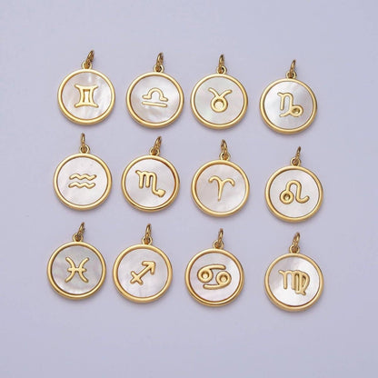 24K Gold Filled Zodiac Signs Shell Pearl Round Coin Charm Astrology Jewelry Making | A-A1367-A-A1372: Taurus