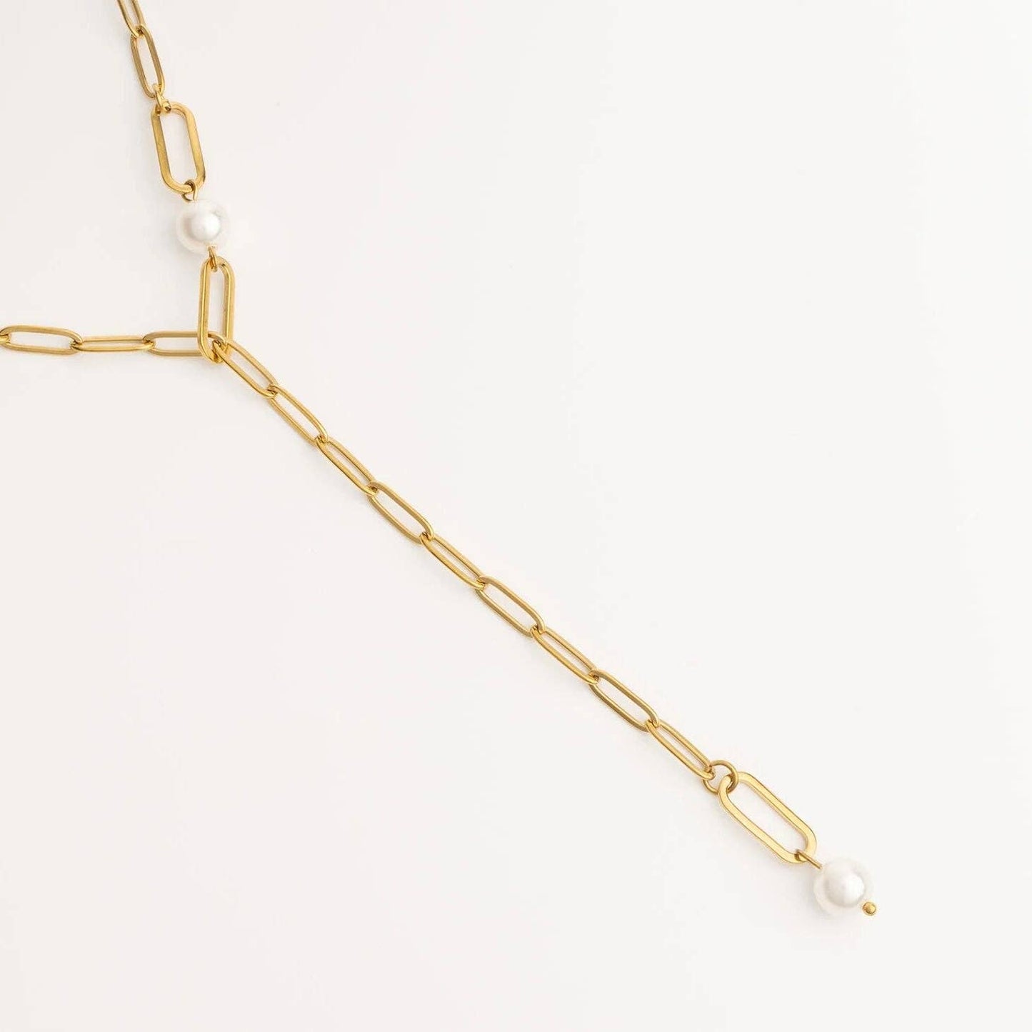 18K Gold PVD Stainless Steel Y Paperclip Necklace with Pearl: Gold