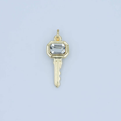 24K Gold Filled Clear CZ Baguette Vintage Key Charm | N031
