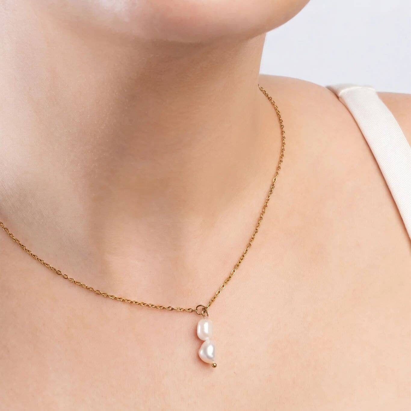 18K Gold PVD Stainless Steel Double Freshwater Charm: Stainless