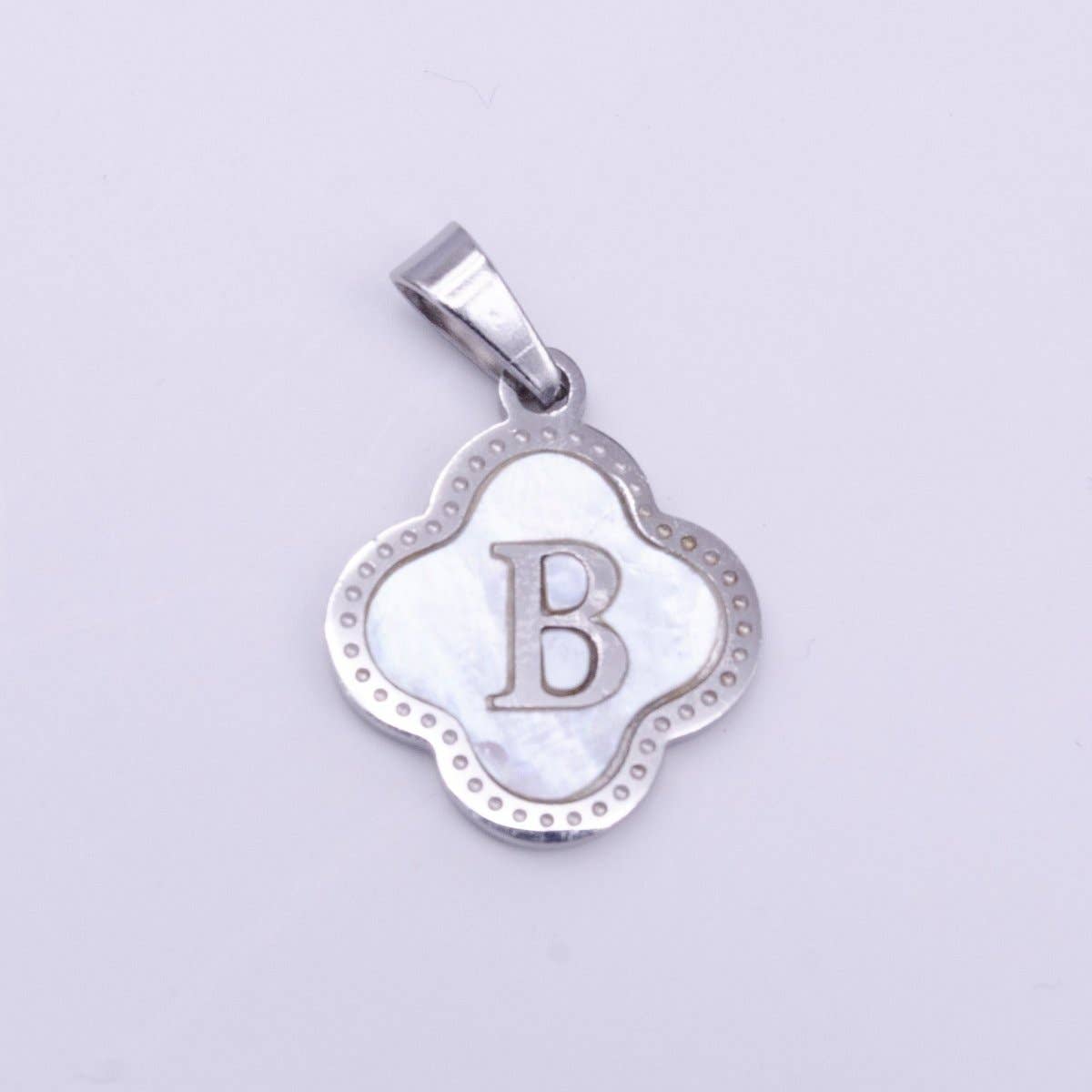 Stainless Steel A-Z Initial Letter Shell Pearl Quatrefoil Clover Silver Pendant Lucky Charm | A-754-A-766: ALL INITIAL