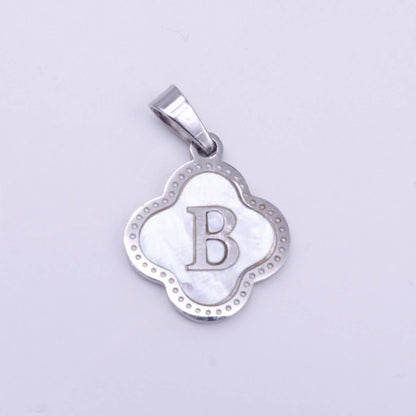 Stainless Steel A-Z Initial Letter Shell Pearl Quatrefoil Clover Silver Pendant Lucky Charm | A-754-A-766: ALL INITIAL