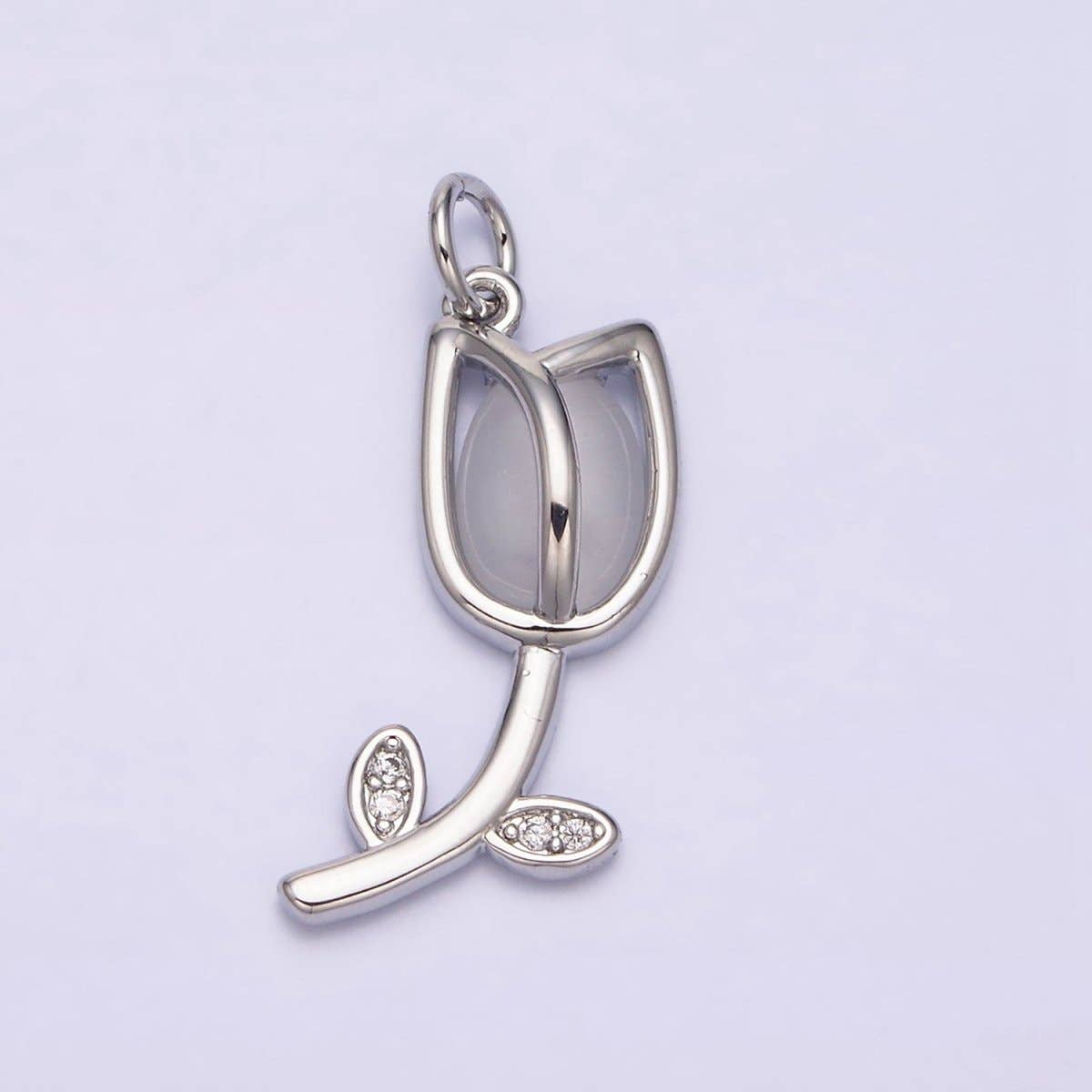 16K Gold Filled Flower Tulip Rose White, Blue, Pink Cat Eye Cabochon Charm in Gold & Silver | AC1073 - AC1078: Blue / Silver