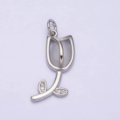 16K Gold Filled Flower Tulip Rose White, Blue, Pink Cat Eye Cabochon Charm in Gold & Silver | AC1073 - AC1078: Blue / Silver
