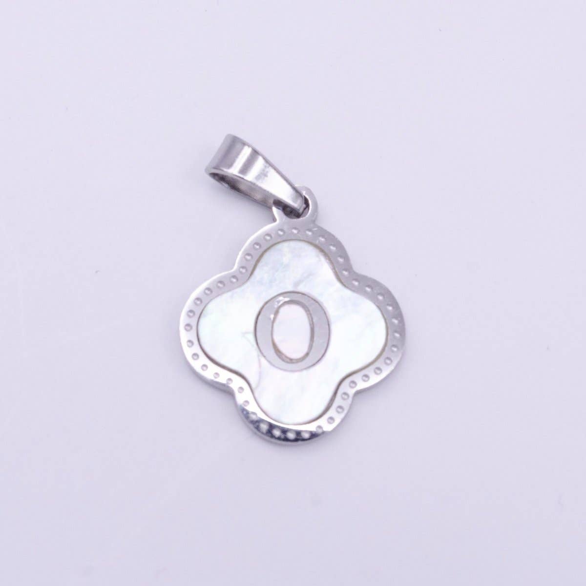 Stainless Steel A-Z Initial Letter Shell Pearl Quatrefoil Clover Silver Pendant Lucky Charm | A-754-A-766: ALL INITIAL