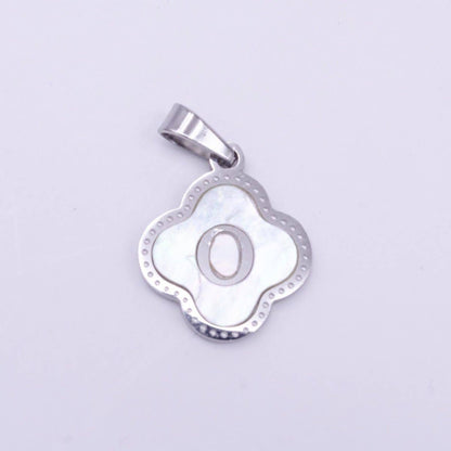 Stainless Steel A-Z Initial Letter Shell Pearl Quatrefoil Clover Silver Pendant Lucky Charm | A-754-A-766: ALL INITIAL