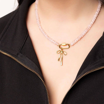 Stainless Steel Pink Chunky Glass Bead Carabiner Necklace: Gold