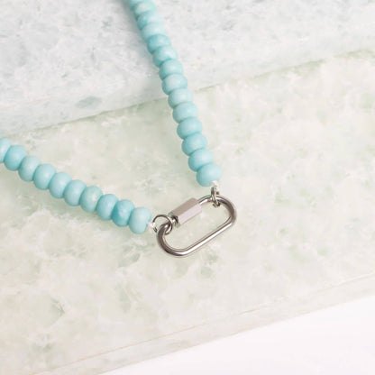 Stainless Steel Turquoise Chunky Bead Carabiner Necklace: Stainless