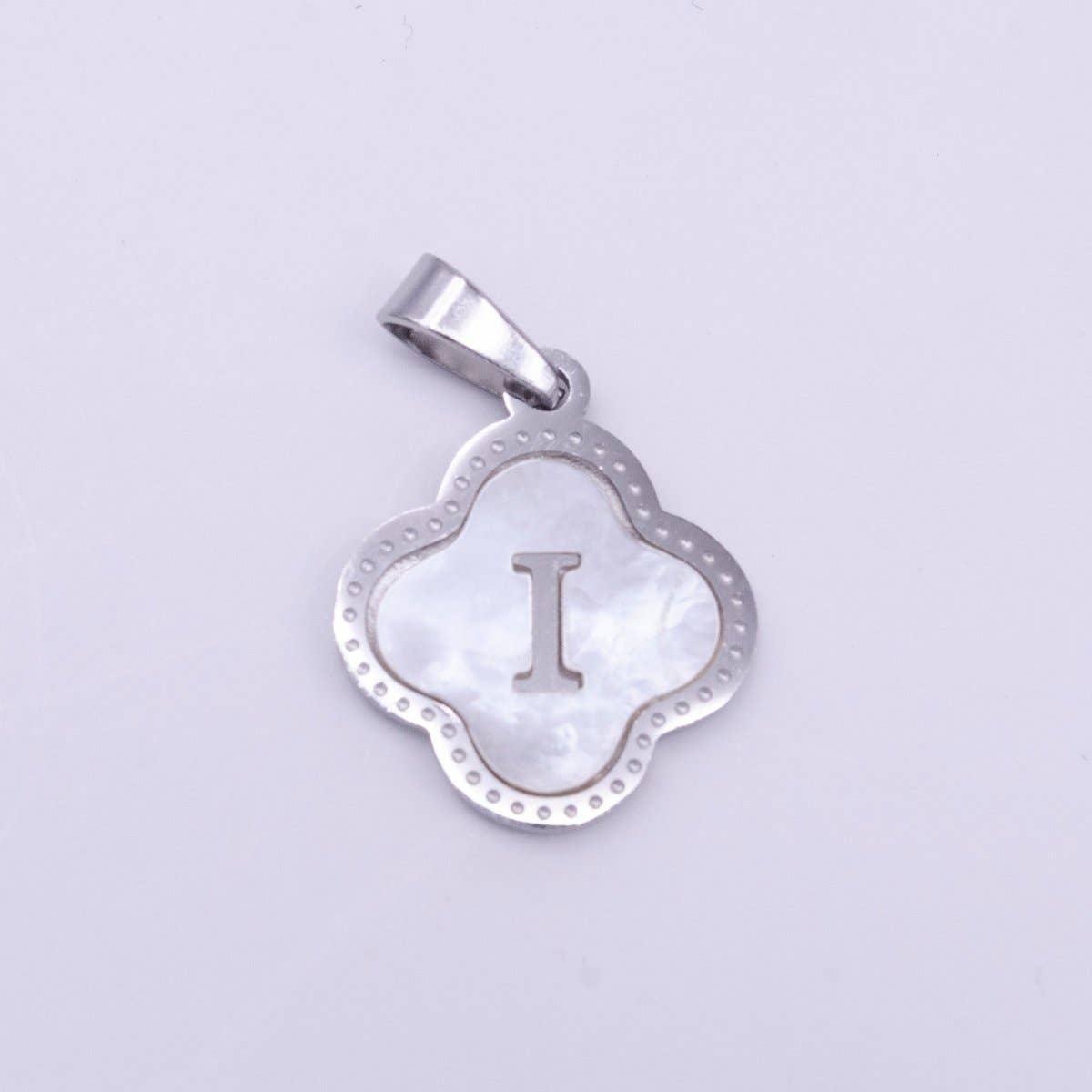 Stainless Steel A-Z Initial Letter Shell Pearl Quatrefoil Clover Silver Pendant Lucky Charm | A-754-A-766: ALL INITIAL