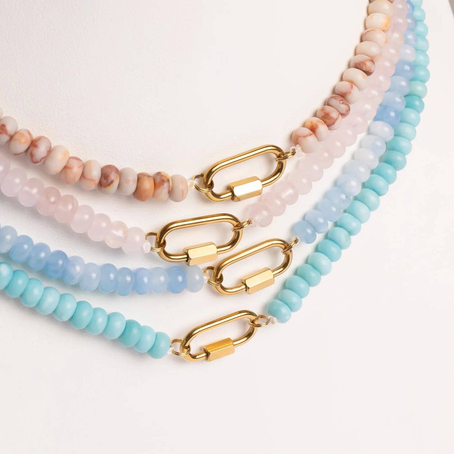 Stainless Steel  Blue Chunky Glass Bead Carabiner Necklace: Gold