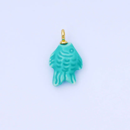 24K Gold Filled 25mm Orange, Red, Yellow, Blue, Green, Teal Fish Ceramic Porcelain Drop Charm | C960 - C963: Red